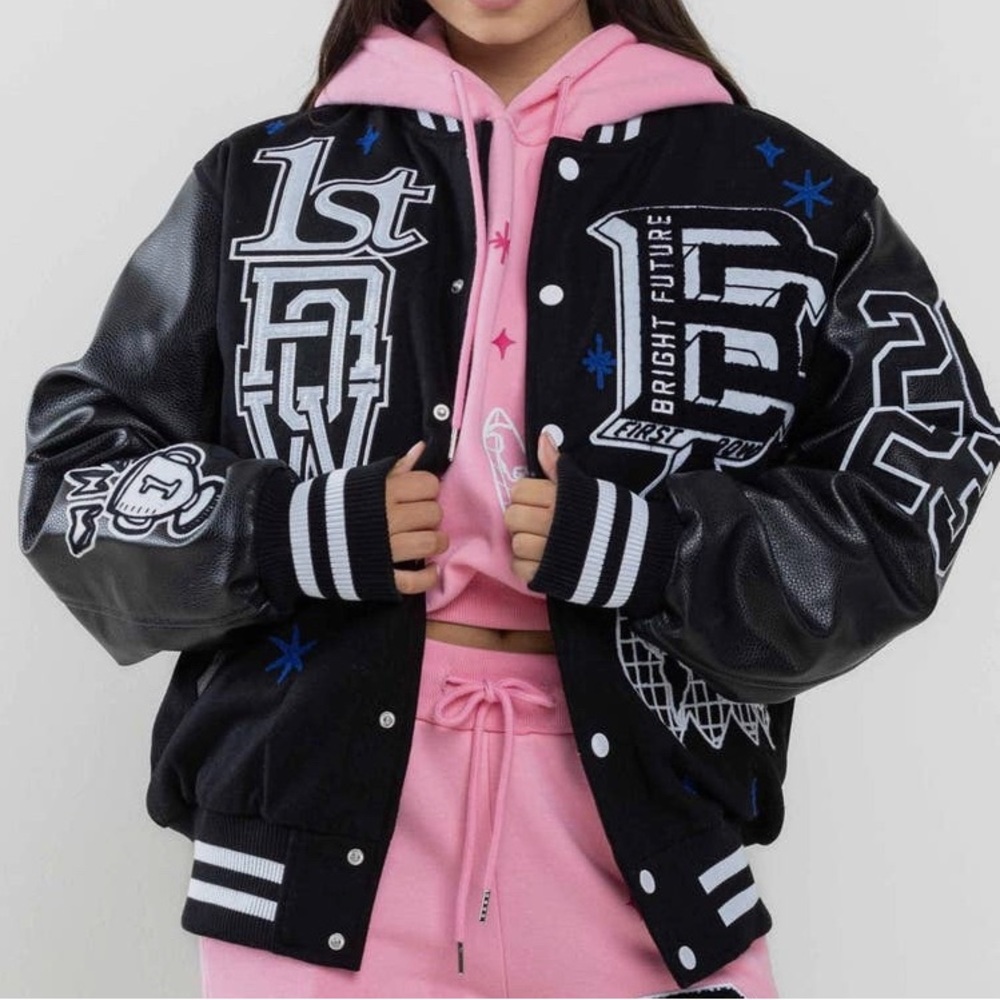 Black Varsity Jacket with Graphic Patches - Picture 5 of 7